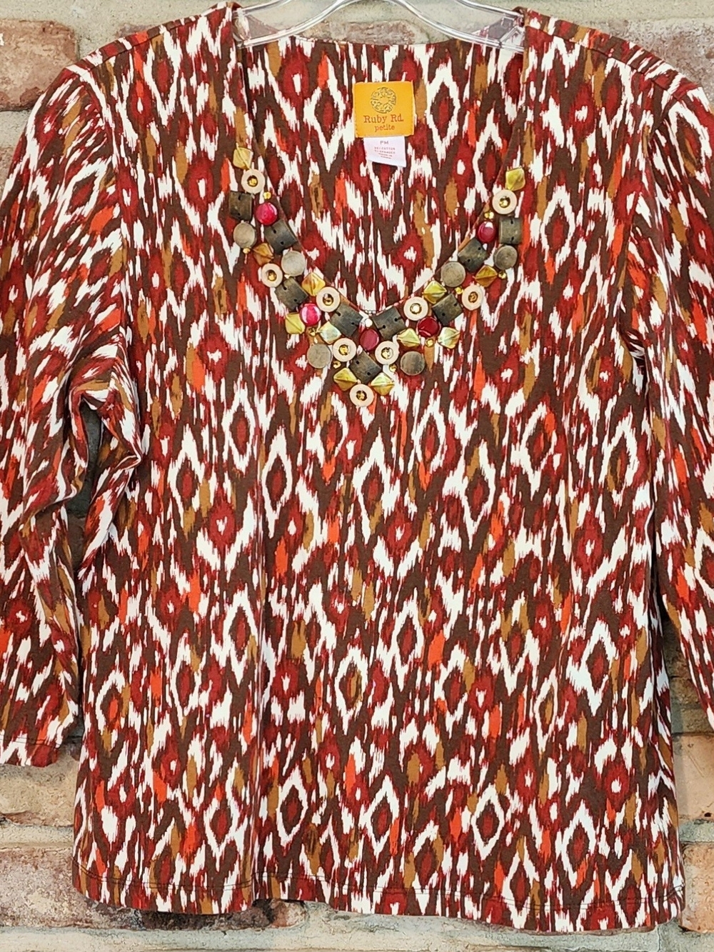 Ruby Rd. Multicolor Rust Ikat Beaded V-Neck Long Sleeve Top Petite Medium